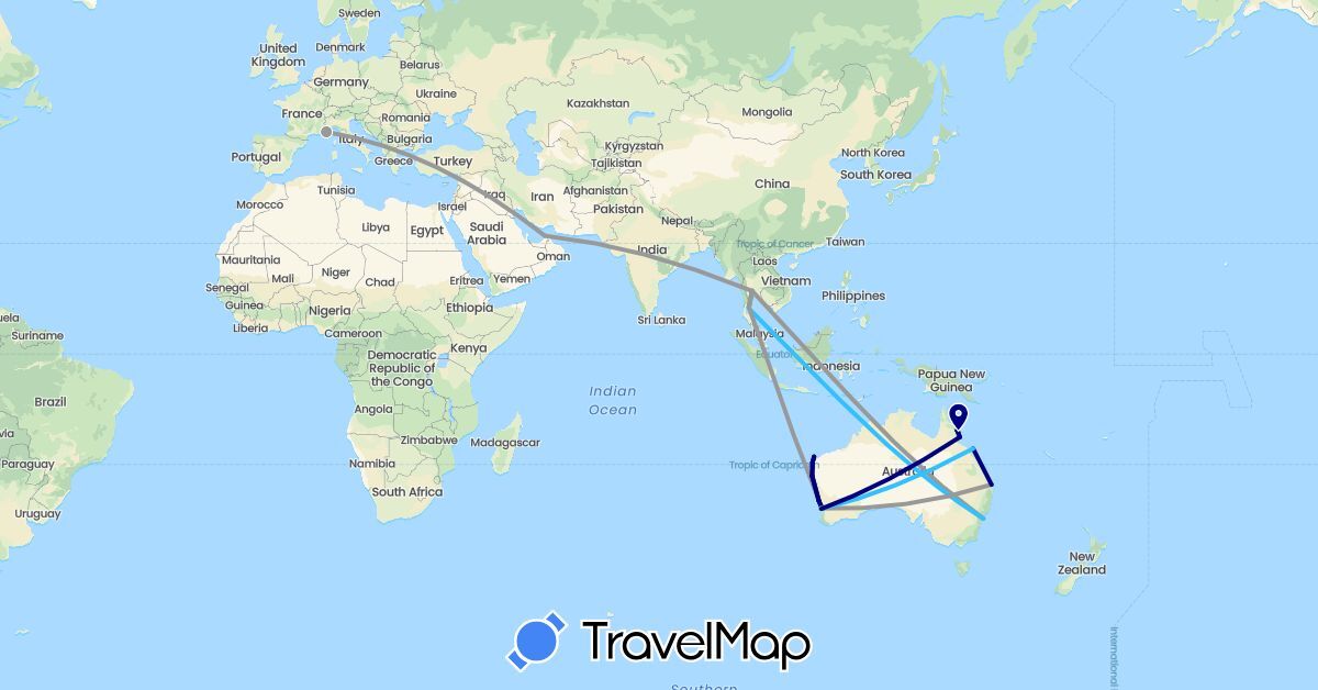 TravelMap itinerary: driving, bus, plane, boat in United Arab Emirates, Australia, France, Thailand (Asia, Europe, Oceania)